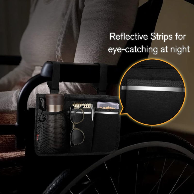 FINPAC Wheelchair Side Storage Bag - Wheelchair Armrest Accessories Organizers Pouch with Reflective Strips and Name Card Slot for Walkers, Mobility Scooters, Rollators (Black) - Image 4